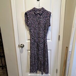 Hobbs London Navy Pink White Abstract Dot Print‎ Midi Shirt Dress Size 10